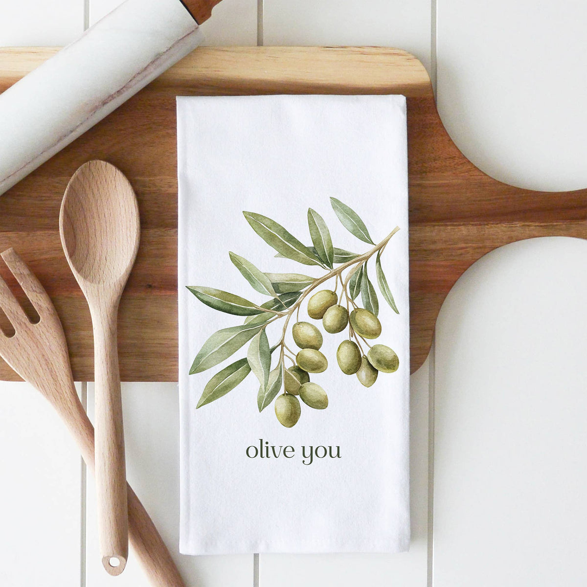 Kitchen towel with olive design and &