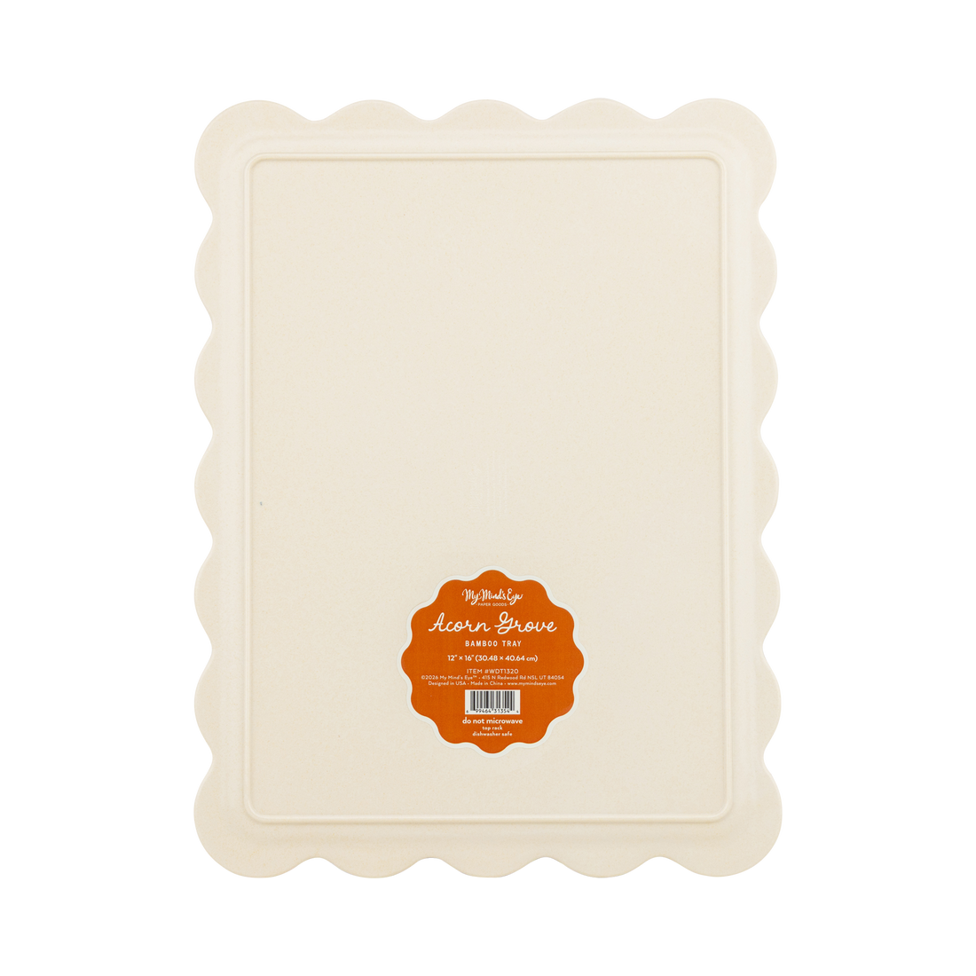 Rectangular beige tray with scalloped edges and a label on a white background