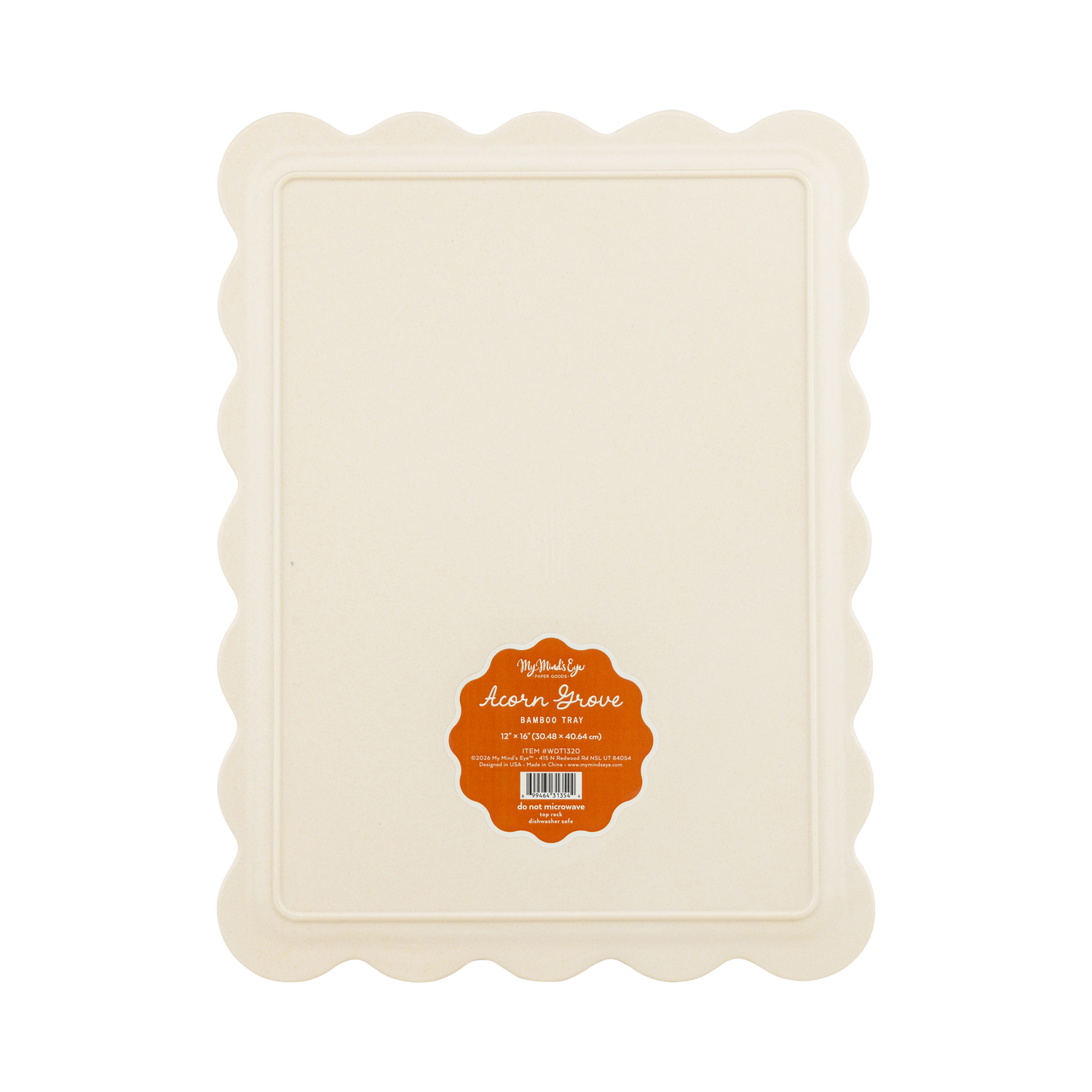 Rectangular beige tray with scalloped edges and a label on a white background