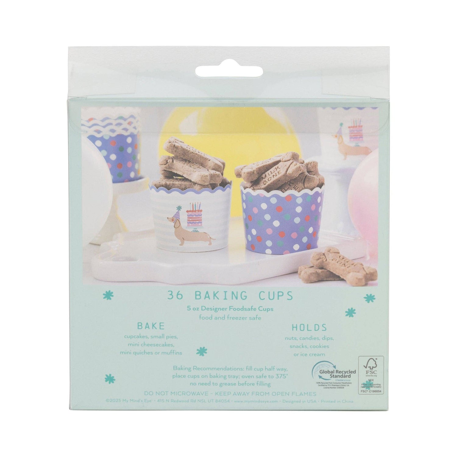 Packaging of 36 baking cups with colorful designs on a white background