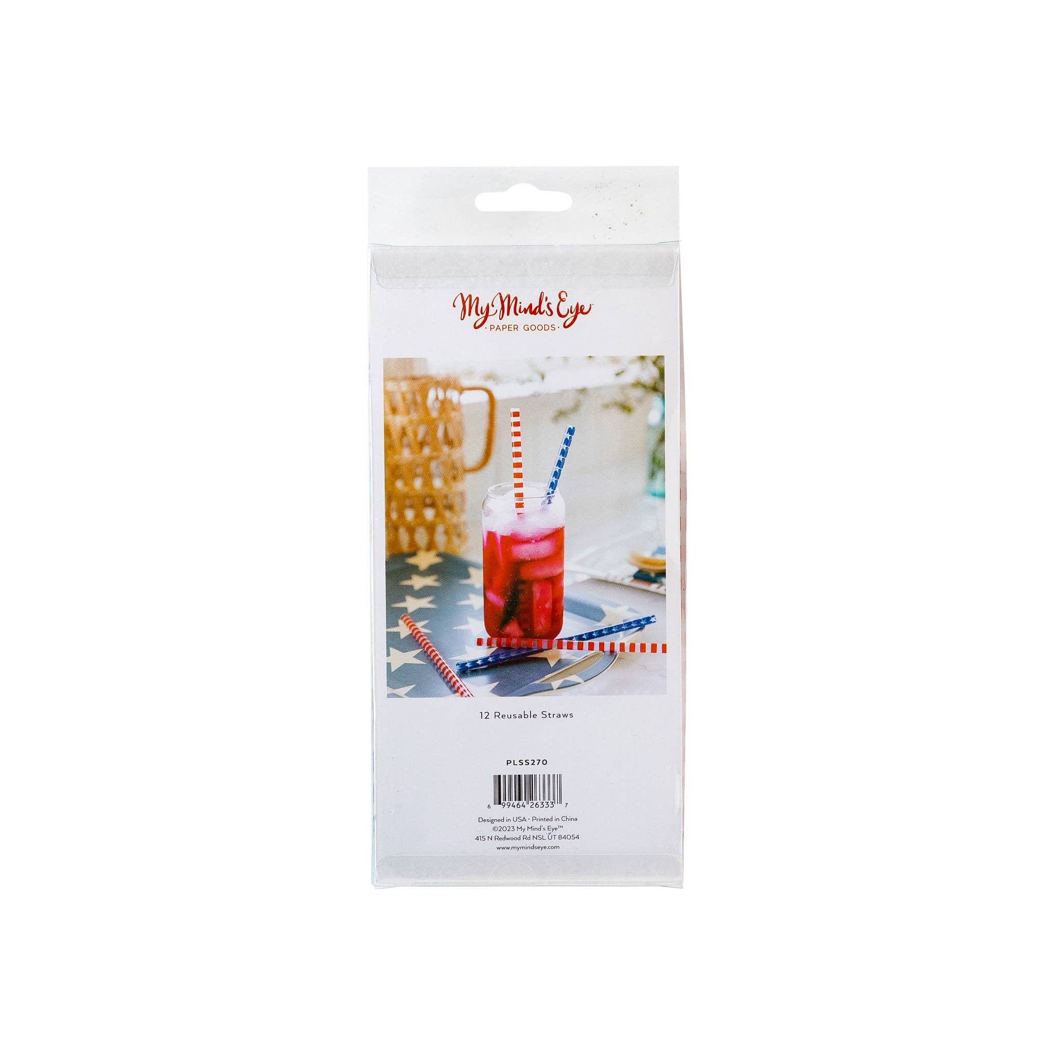 Pack of paper straws with a red drink and blue straws on a white background