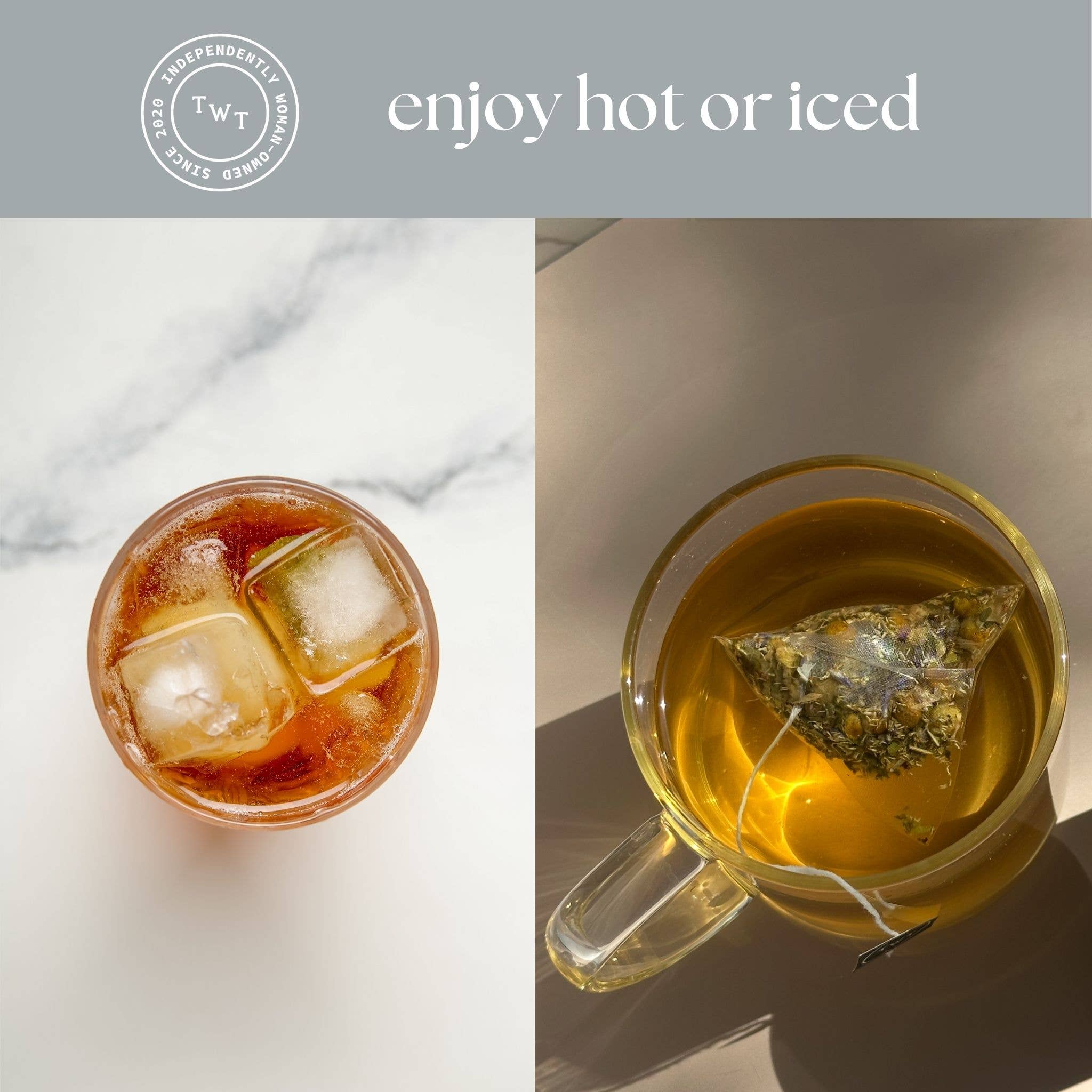 Two images of tea: one with iced tea and ice cubes, the other with a teabag in a clear mug.