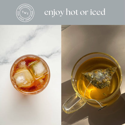 Two images of tea: one with iced tea and ice cubes, the other with a teabag in a clear mug.