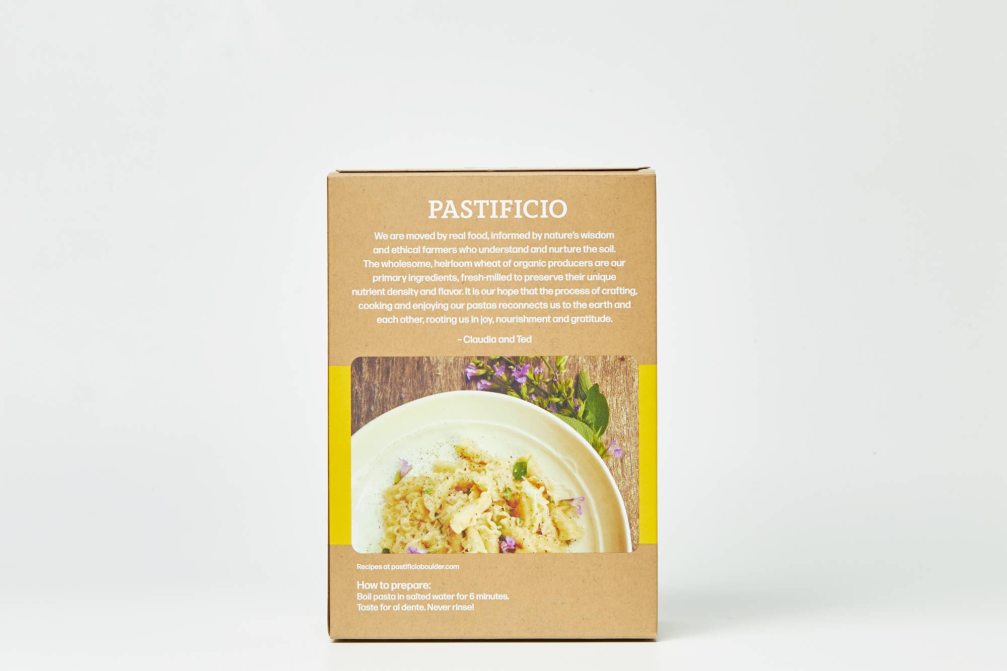A box of Pastificio pasta on a clean white background. The kraft paper box features the brand name &