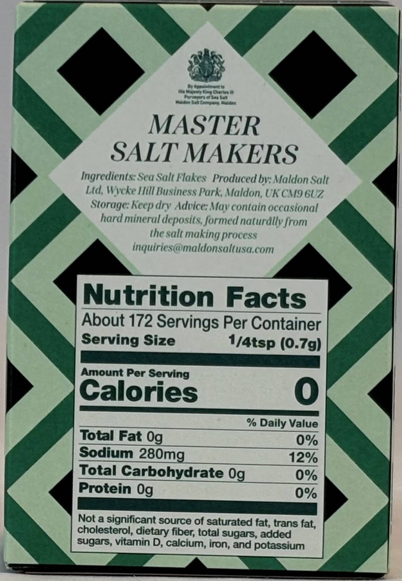 Master Salt Makers packaging with nutrition facts label on a green and white patterned background
