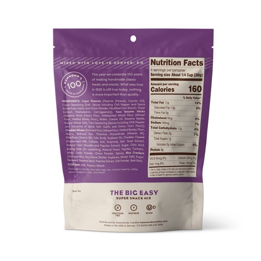 Purple and white snack mix package with nutrition facts label on a white background
