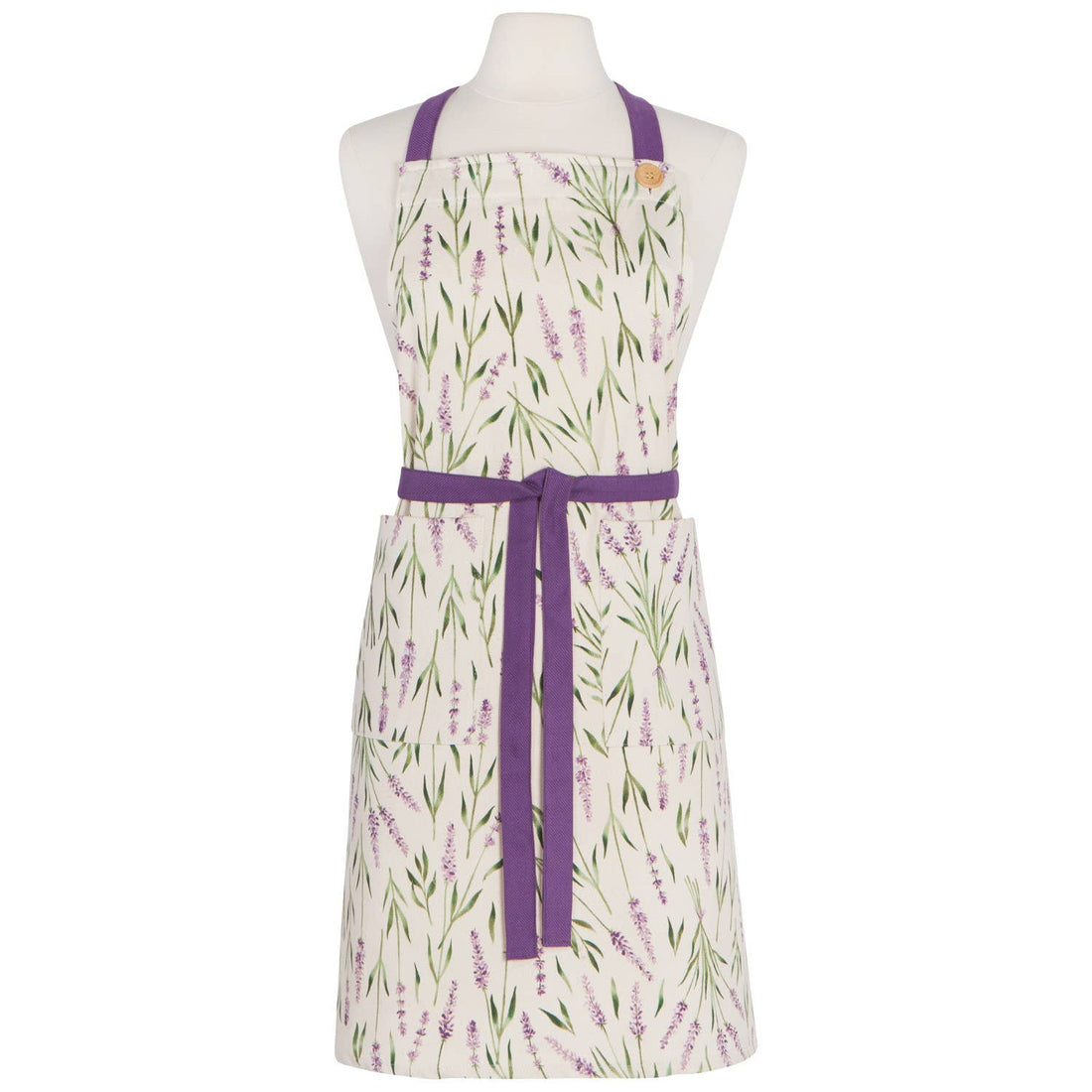 Apron with floral pattern and purple accents on a mannequin against a white background