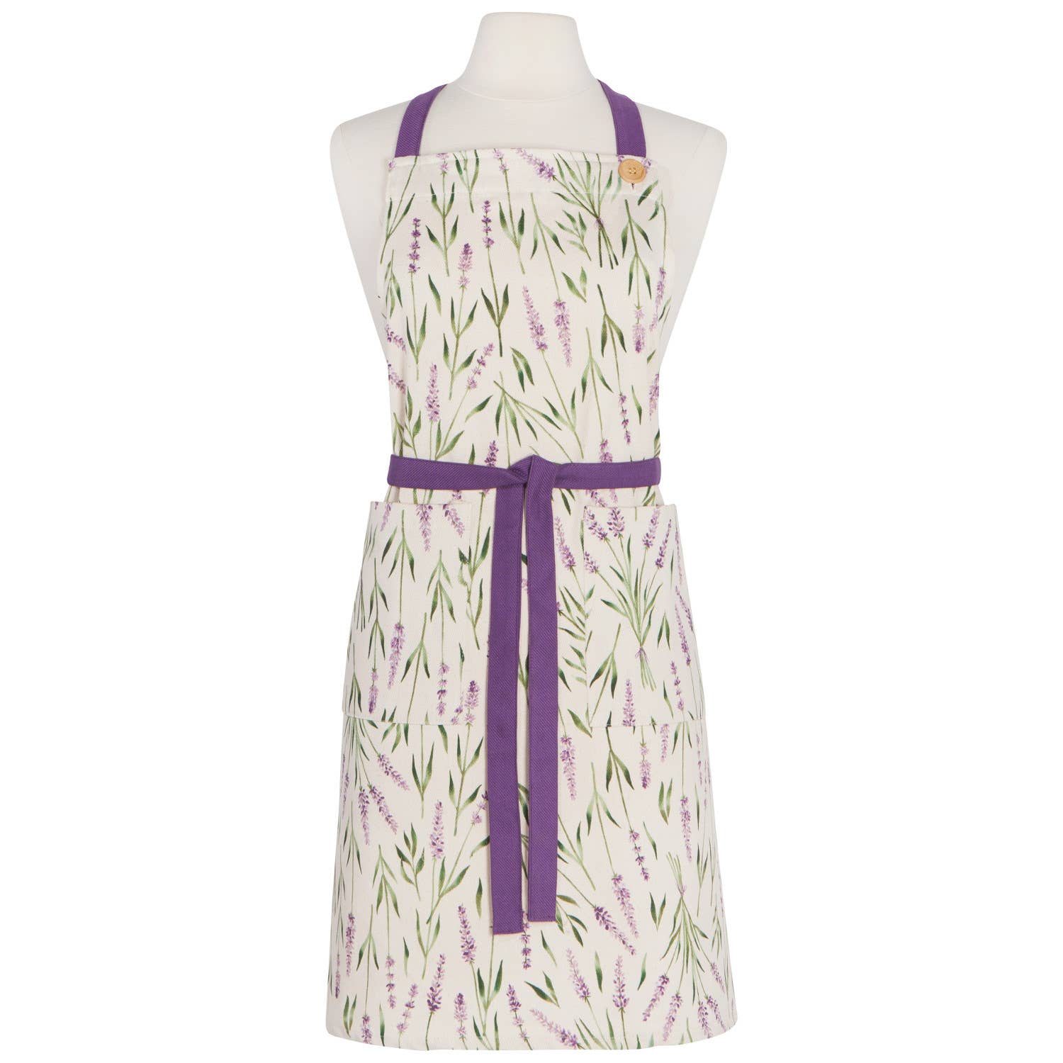 Apron with floral pattern and purple accents on a mannequin against a white background