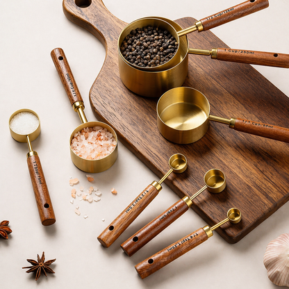 Set of brass measuring cups and spoons with wooden handles on a wooden cutting board.