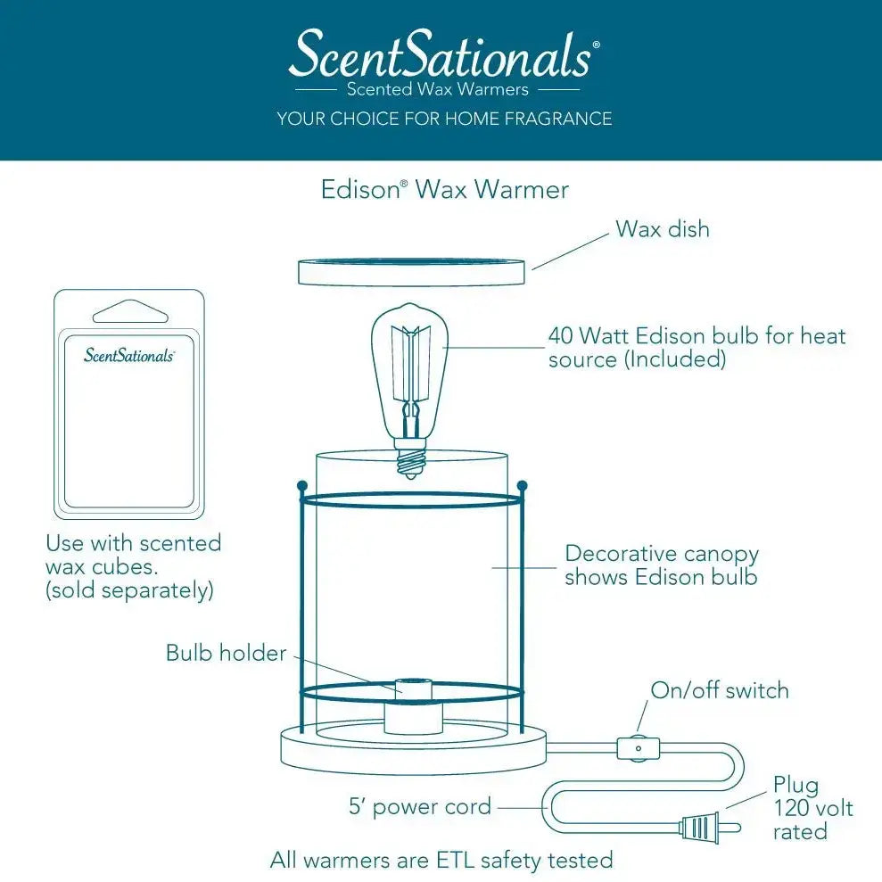 Diagram of ScentSationals Edison wax warmer with labeled parts and features.