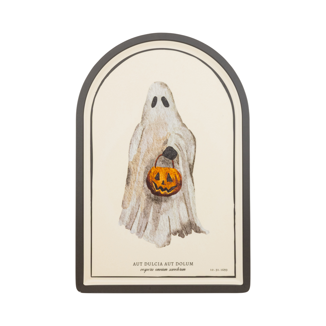 Decorative Halloween serving tray with a ghost holding a pumpkin lantern on a white background
