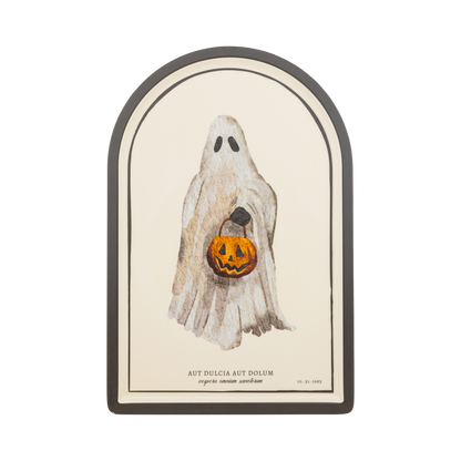 Decorative Halloween serving tray with a ghost holding a pumpkin lantern on a white background