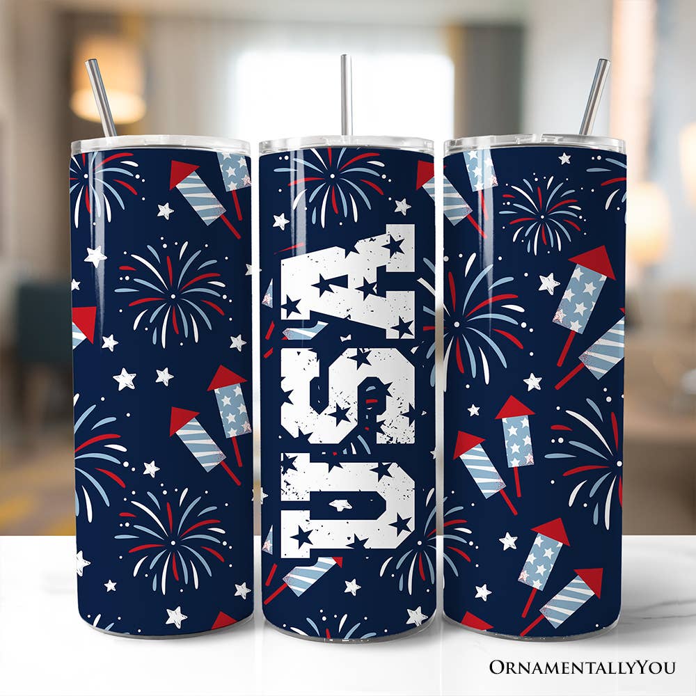 Three tumblers with patriotic designs featuring fireworks and &