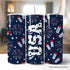 Three tumblers with patriotic designs featuring fireworks and &