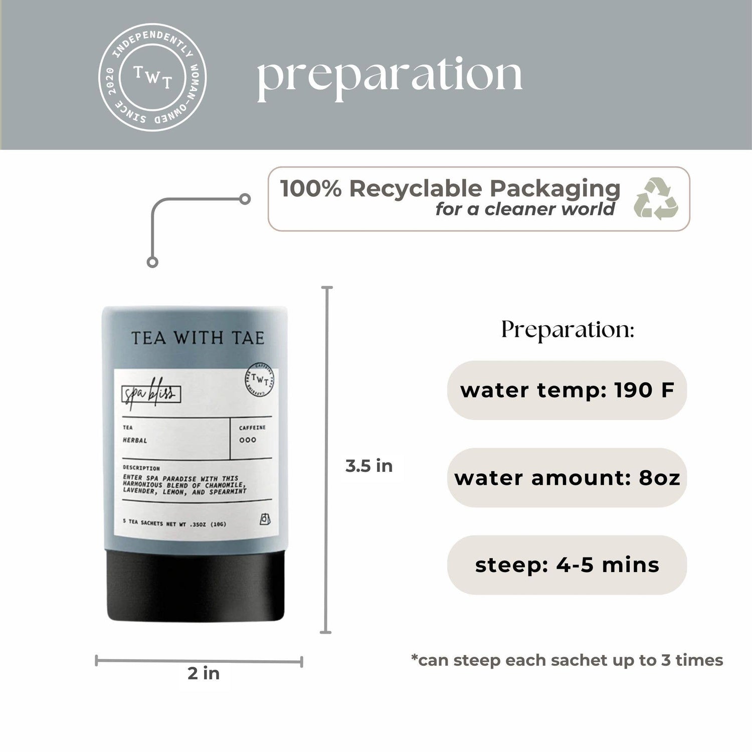 Tea packaging with preparation instructions and branding on a light gray background