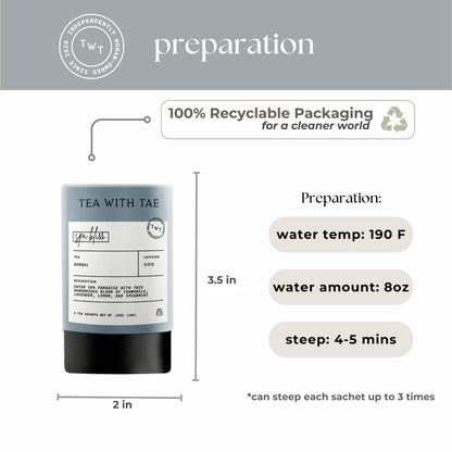 Tea packaging with preparation instructions and branding on a light gray background