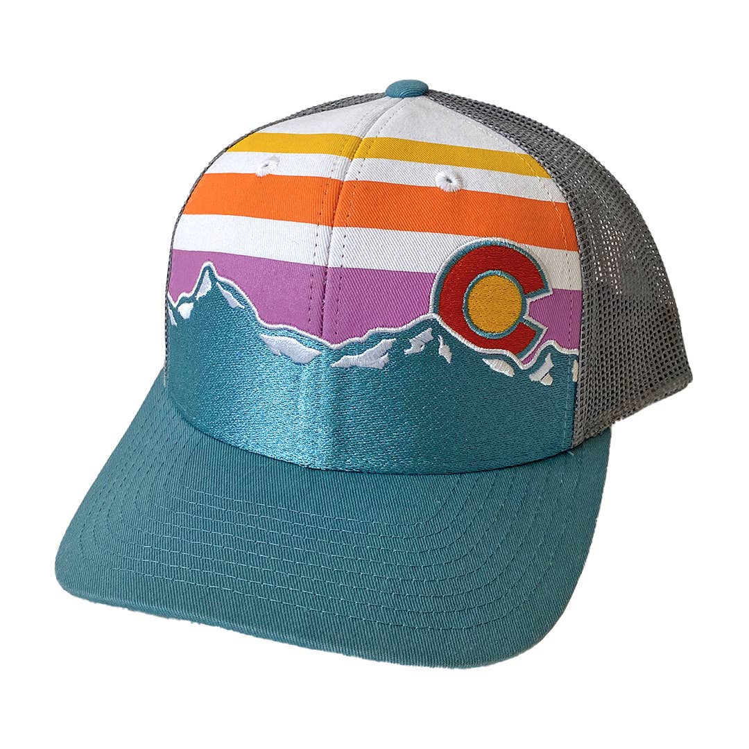 Colorful cap with mountain and logo design on a white background