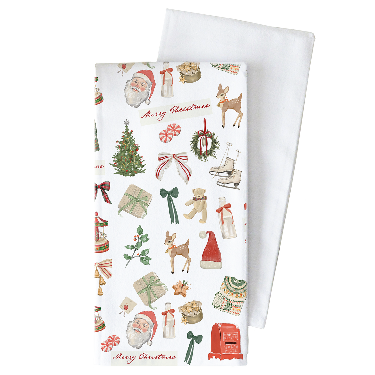 A white kitchen tea towel with a festive Christmas print, shown with a second plain white towel behind it on a clean white background.