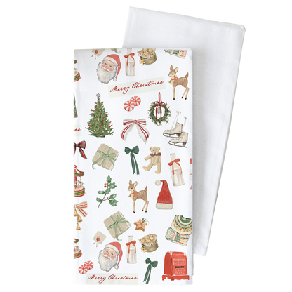 A white kitchen tea towel with a festive Christmas print, shown with a second plain white towel behind it on a clean white background.