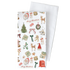 A white kitchen tea towel with a festive Christmas print, shown with a second plain white towel behind it on a clean white background.