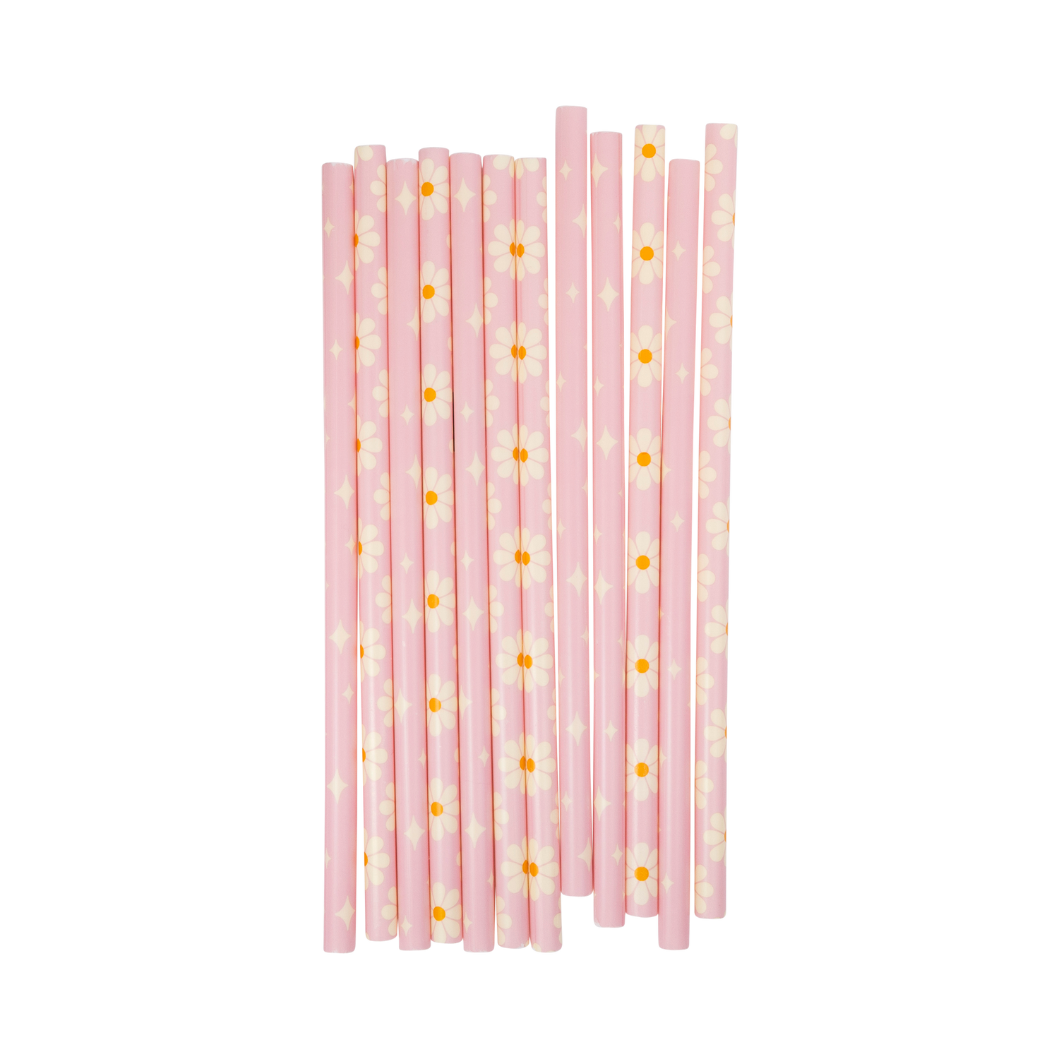Pink straws with yellow floral patterns on a white background