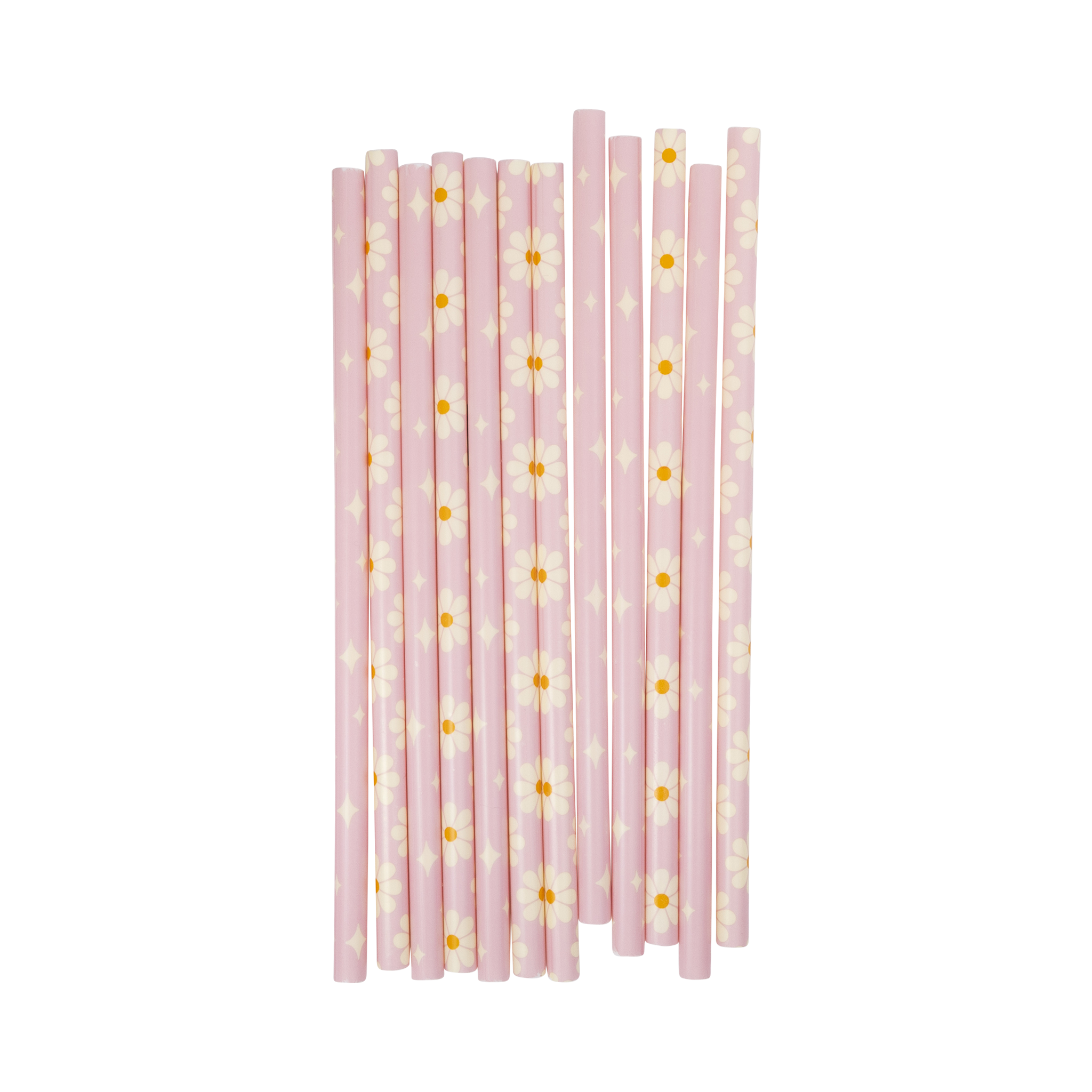 Pink straws with yellow floral patterns on a white background