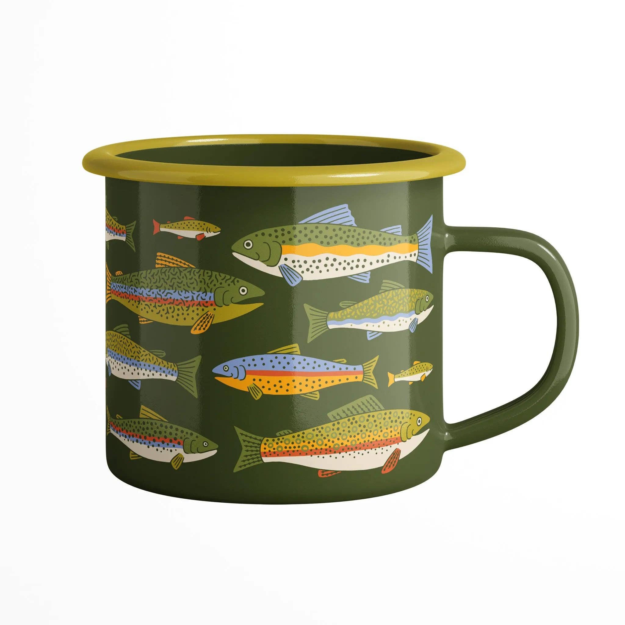 Green mug with fish pattern on a white background