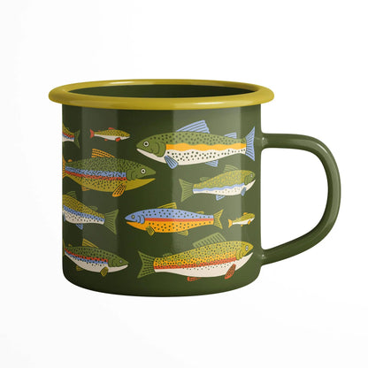 Green mug with fish pattern on a white background