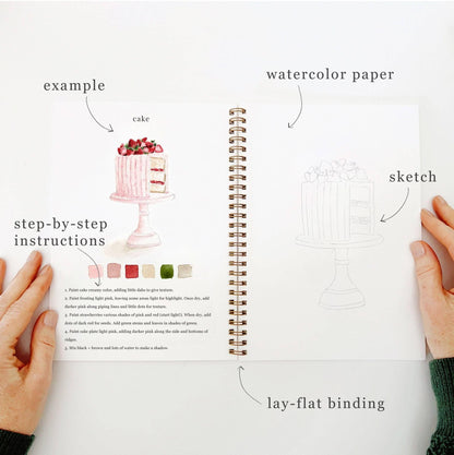 Open notebook with cake illustration, watercolor paper, and step-by-step instructions on a white background.