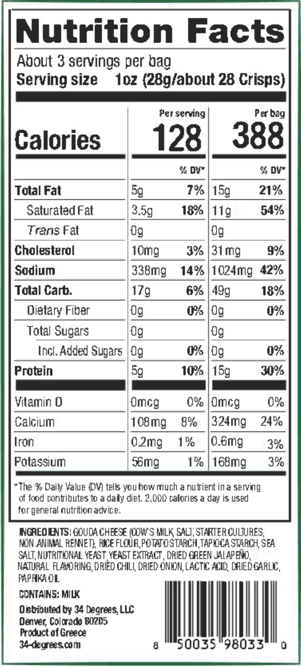 Nutrition facts label for a product with serving size, calories, and detailed nutritional information.