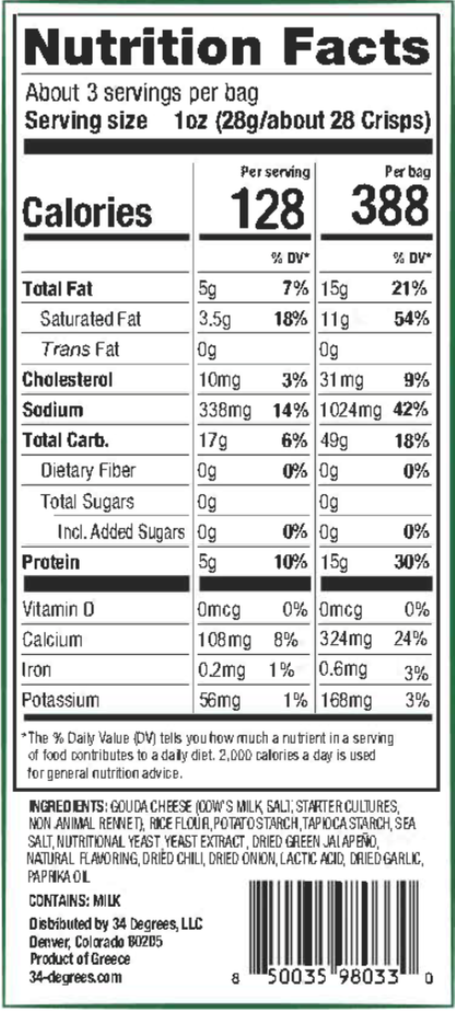 Nutrition facts label for a product with serving size, calories, and detailed nutritional information.