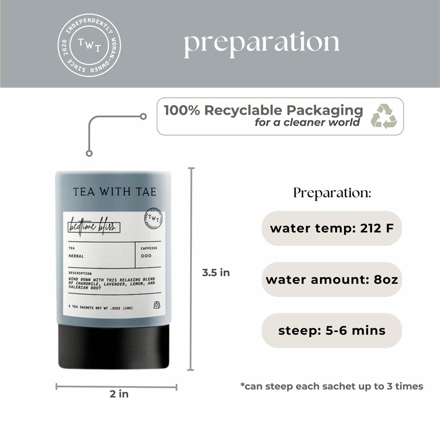 Tea packaging with preparation instructions and branding on a light gray background