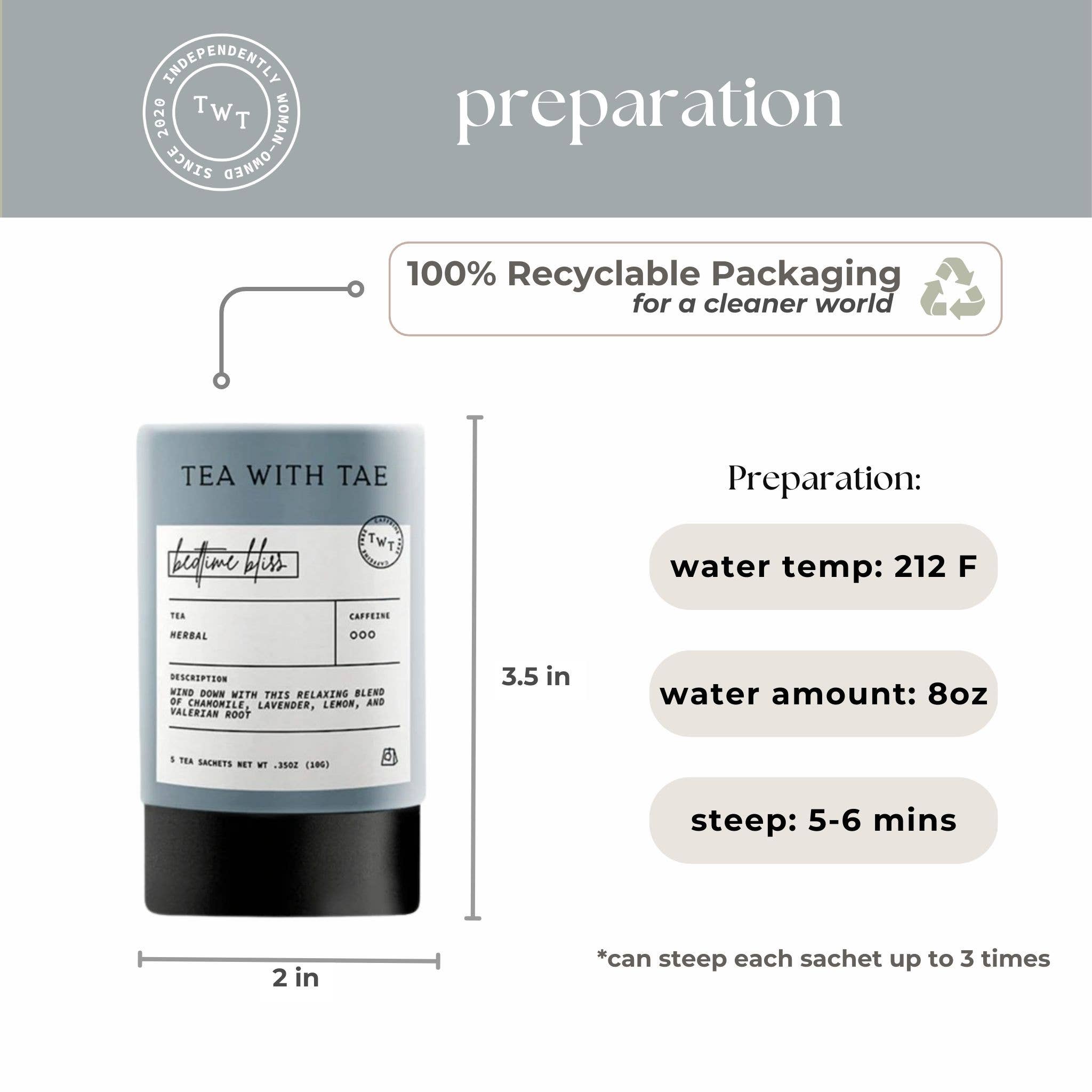 Tea packaging with preparation instructions and branding on a light gray background