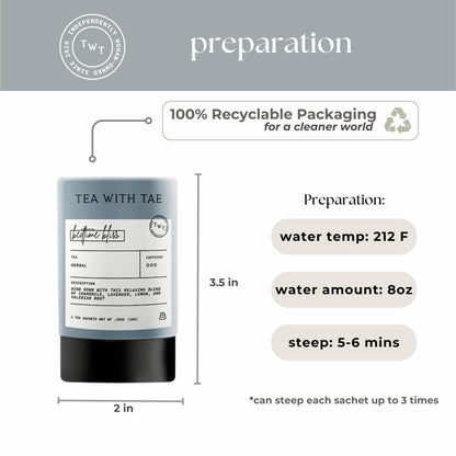 Tea packaging with preparation instructions and branding on a light gray background