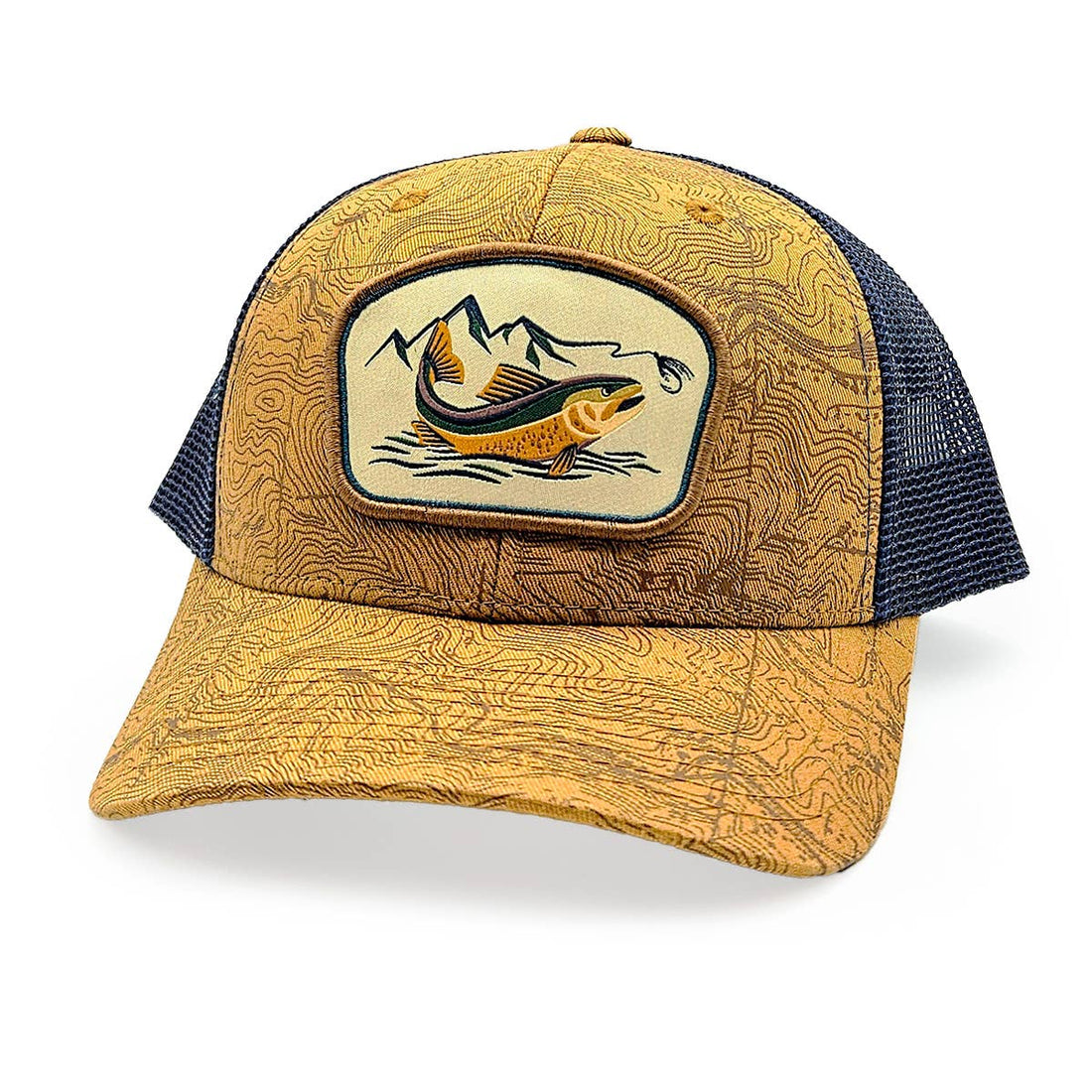 Yellow and navy cap with a fish and mountain design on a white background