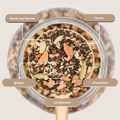 Tea blend with labeled ingredients including black tea leaves, cloves, ginger, cinnamon, and cardamom.