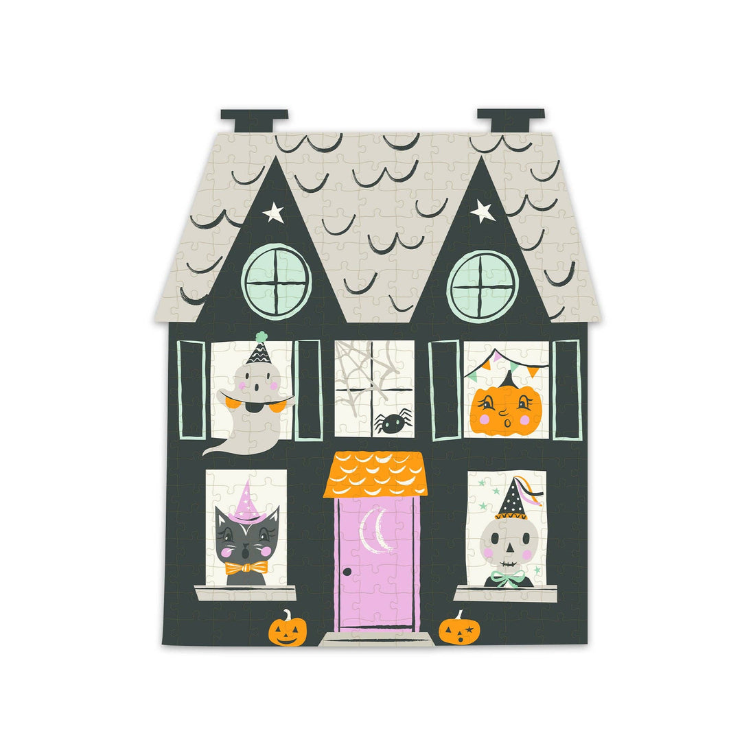 Halloween-themed house with characters in each window on a white background
