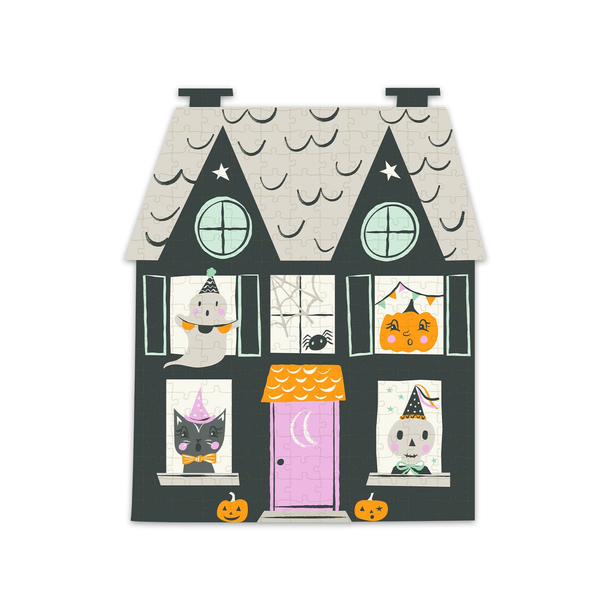 Halloween-themed house with characters in each window on a white background