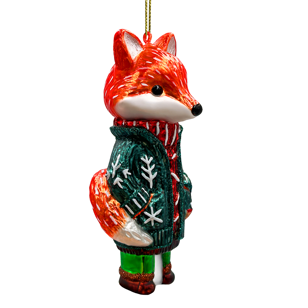 Fox ornament wearing a sweater with a white background
