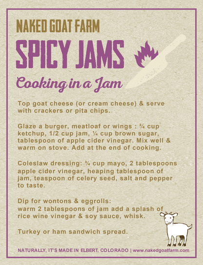 Naked Goat Farm Spicy Jams recipe card with text and a goat illustration.