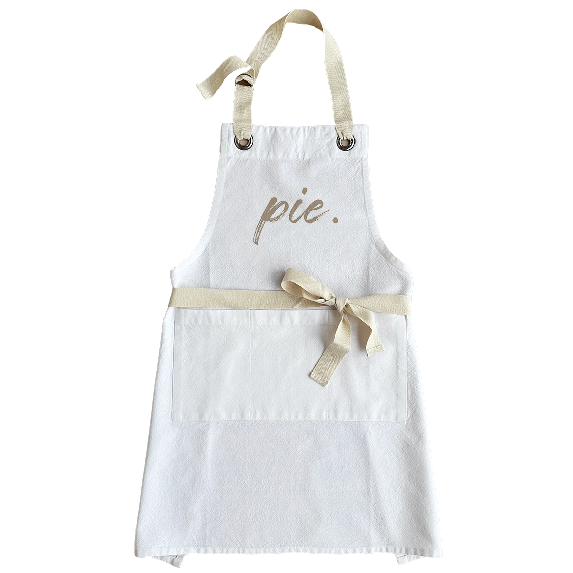 A white fabric apron with a beige neck strap and waist tie, featuring the word &