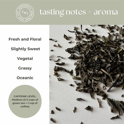 Tea leaves with tasting notes and aroma description on a light background