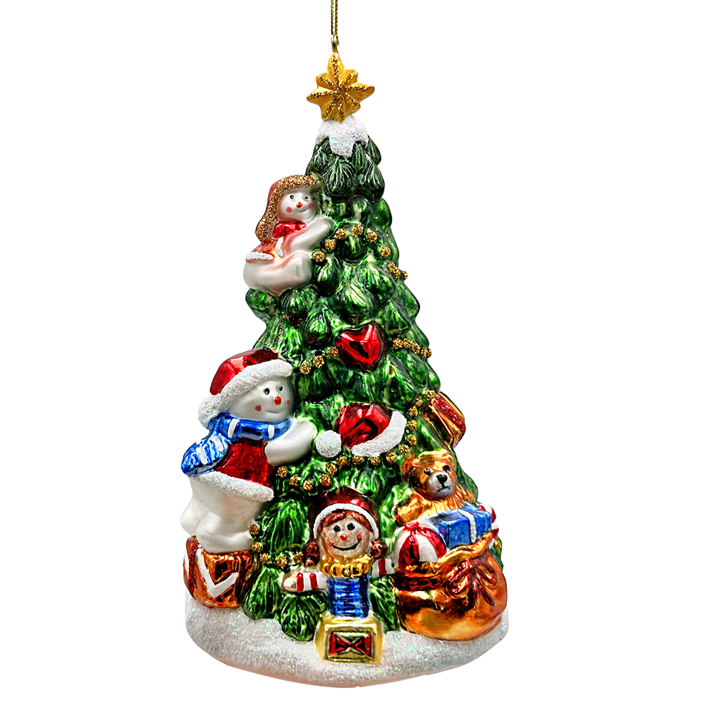 Decorative Christmas tree ornament with snowmen and presents on a white background