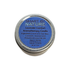 A round silver metal tin candle with a blue label reading &