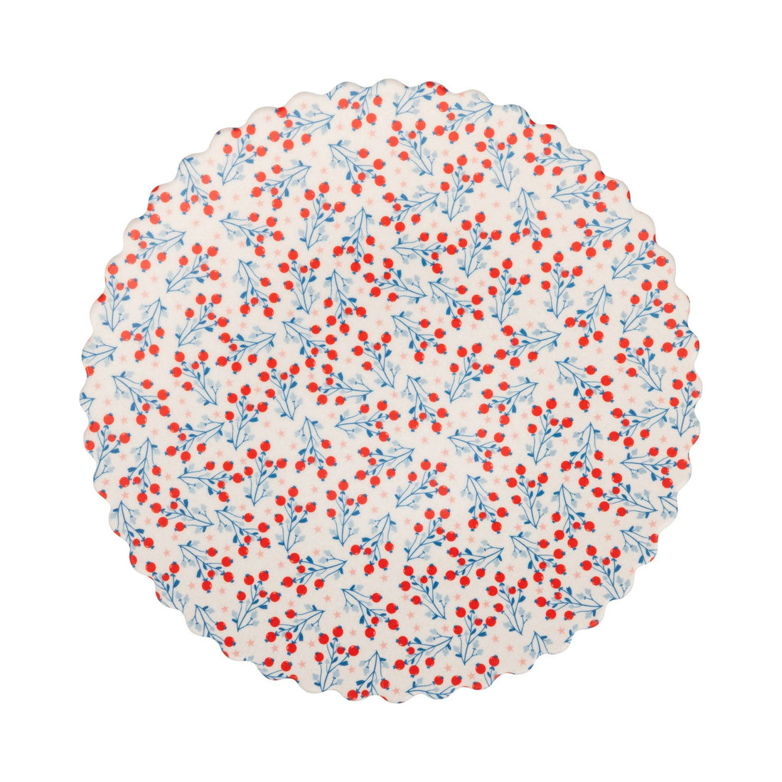 Round bamboo plate with red and blue floral pattern on a white background