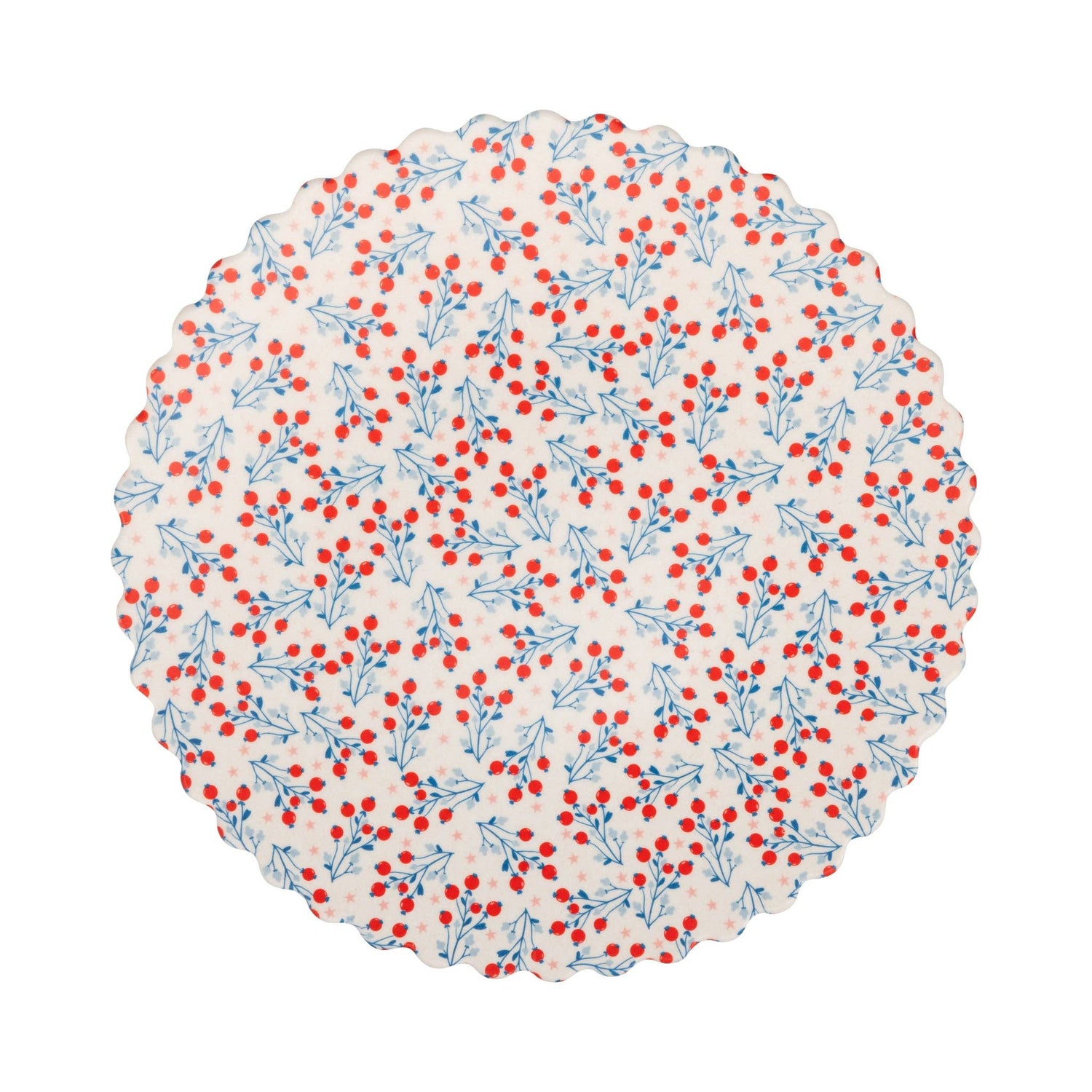 Round bamboo plate with red and blue floral pattern on a white background