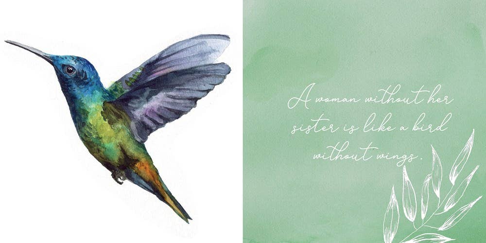 Colorful hummingbird illustration on a white background with a green sidebar containing text and leaf designs.