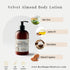 Velvet Almond Body Lotion with ingredients and brand information on a white background