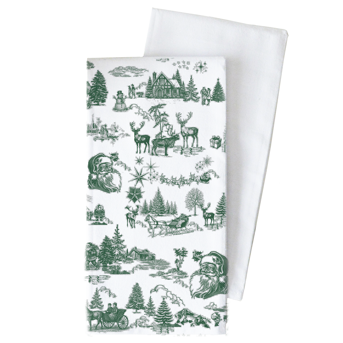 A white fabric tea towel with a green Christmas-themed toile pattern, shown with a second plain white towel behind it on a white background.