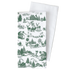 A white fabric tea towel with a green Christmas-themed toile pattern, shown with a second plain white towel behind it on a white background.